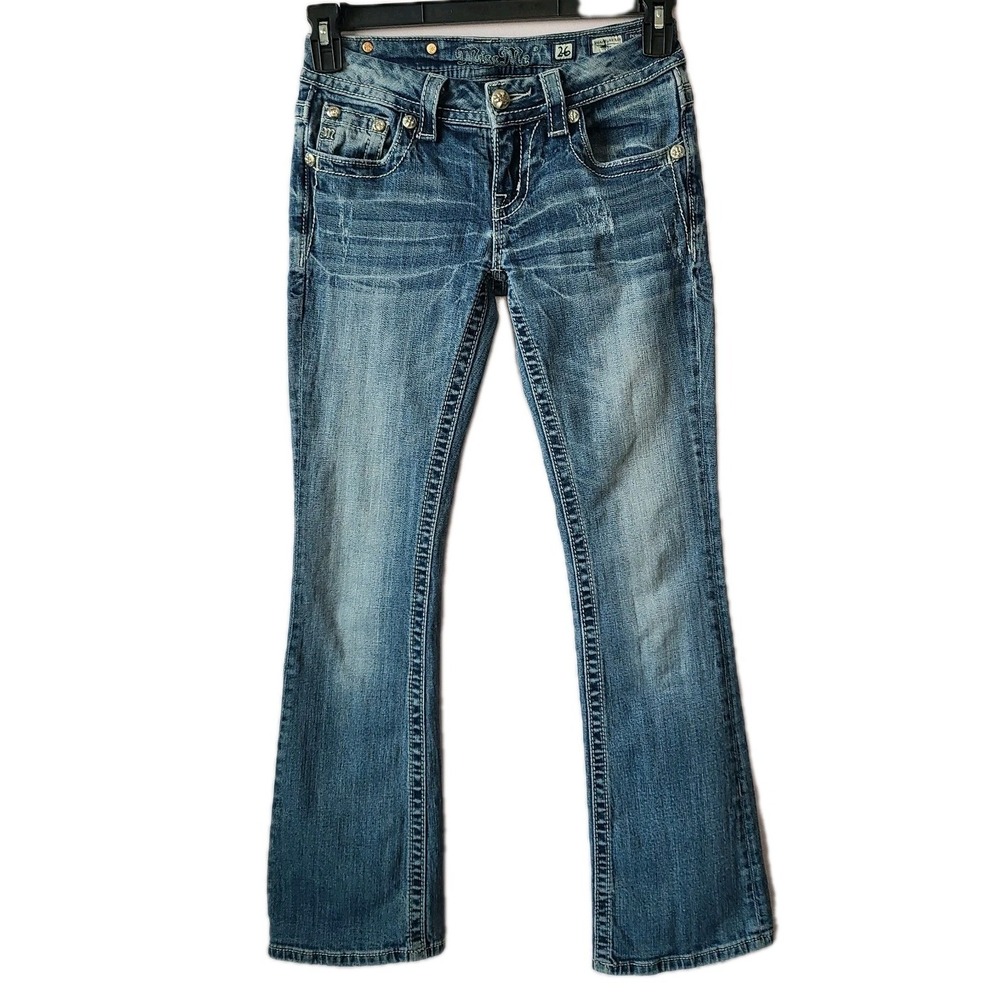 Miss Me Women's Bootcut Jeans Medium Wash Embellished Pockets Distressed Size 26